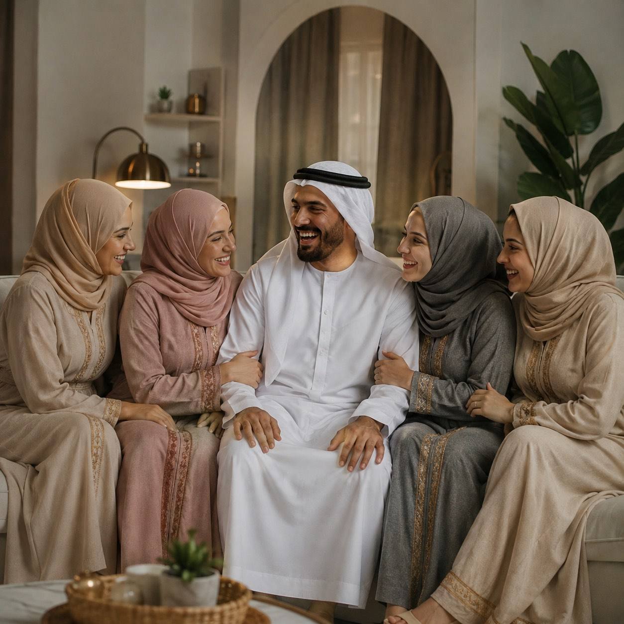 Seorang lelaki Arab bersama empat wanita dalam suasana rumah yang mesra
