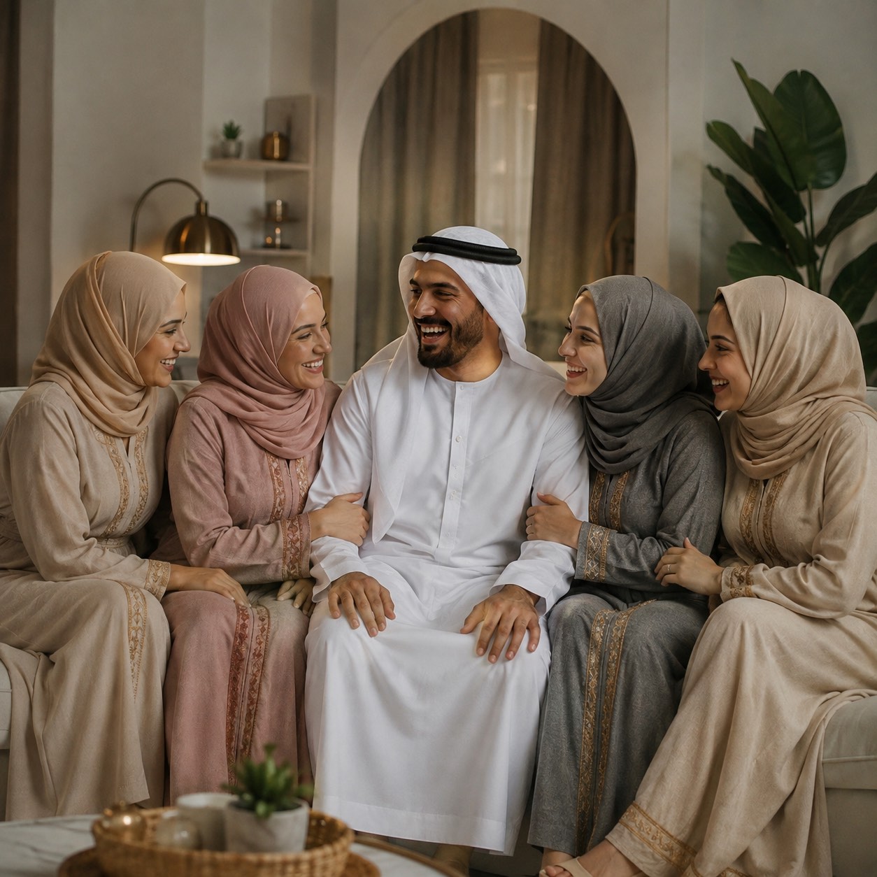 Seorang lelaki Arab bersama empat wanita dalam suasana rumah yang mesra