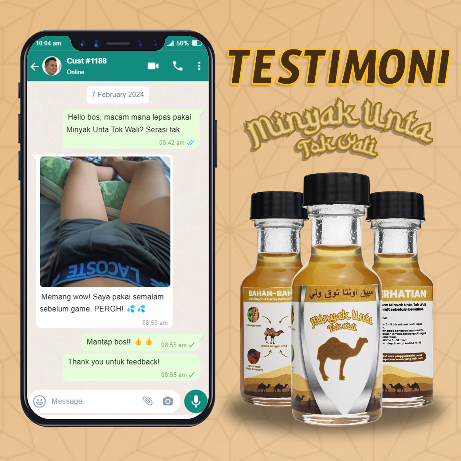 Testimoni pelanggan Minyak Unta Tok Wali melalui WhatsApp